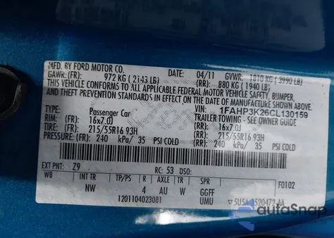 2012 Ford Focus Se from USA, damaged, VIN 1FAHP3K26CL130159